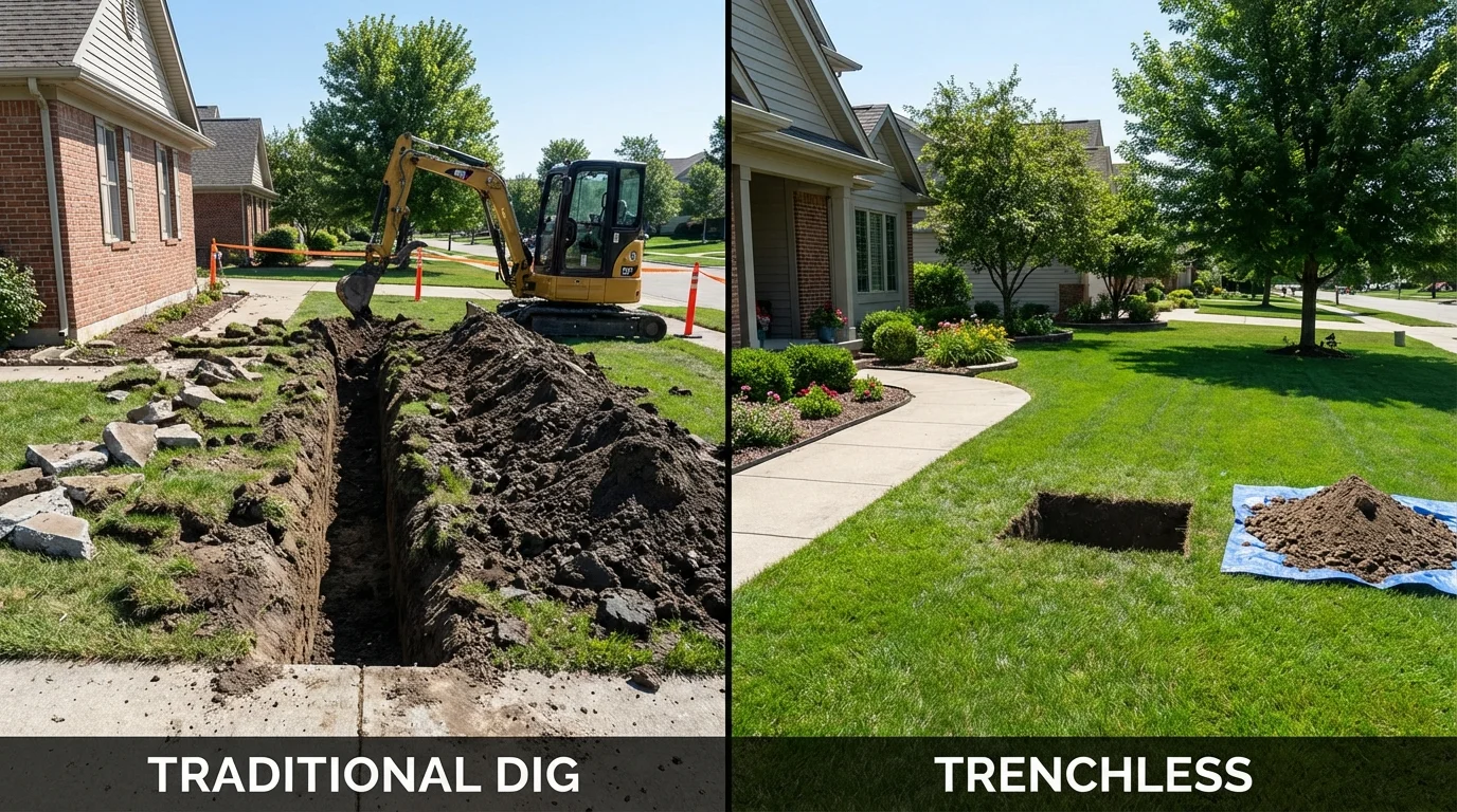 Trenchless sewer repair with minimal yard damage versus traditional excavation in New Philadelphia, PA
