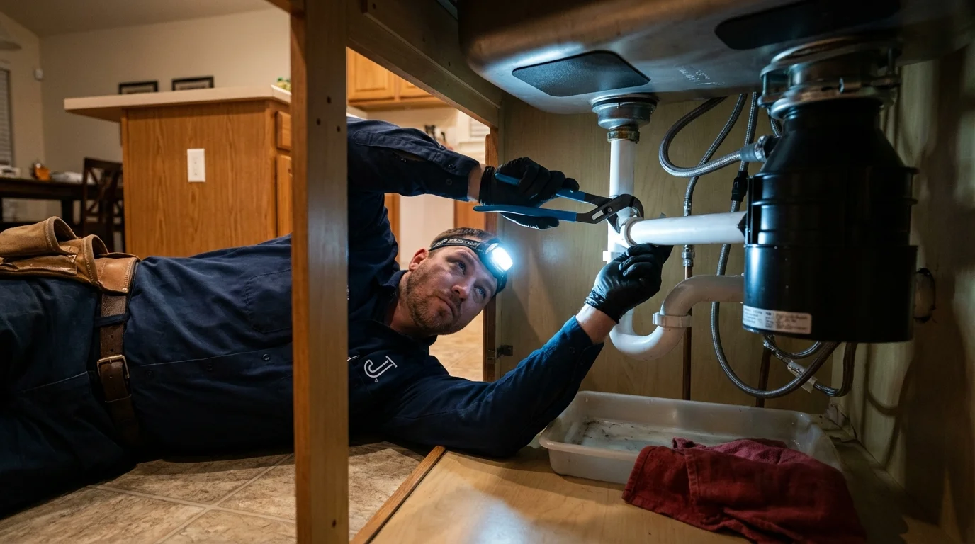 P-trap and supply line connections under a kitchen sink showing a common leak point in New Philadelphia, PA